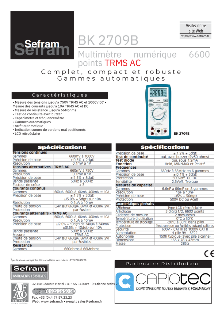 MULTIMETRE NUMERIQUE DE POCHE 6600 POINTS TRMS AC. UDC 1000V, UAC 750 V