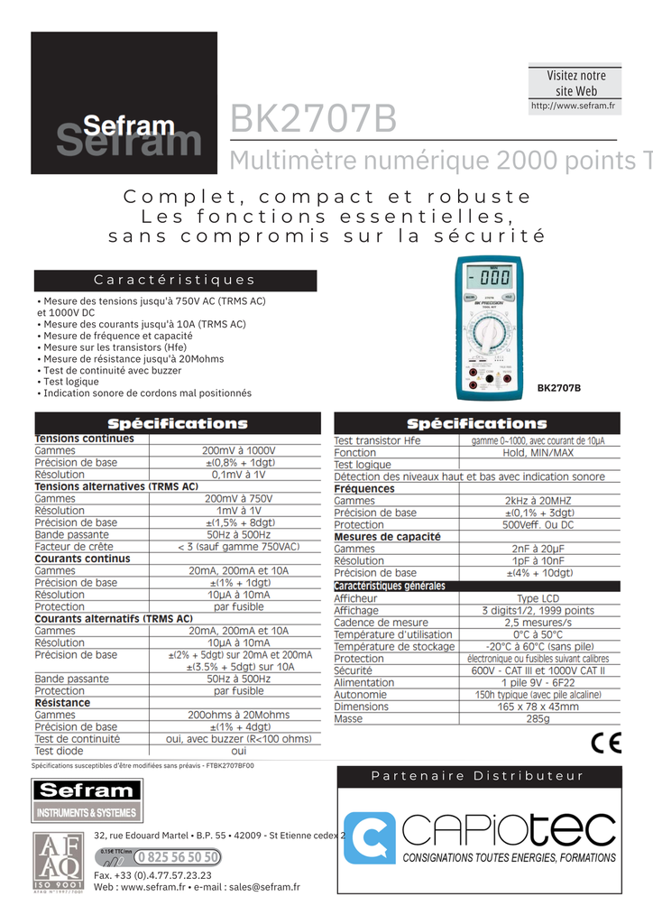 MULTIMETRE NUMERIQUE DE POCHE 2000 POINTS, TRMS AC.UDC 1000V, UAC 750V