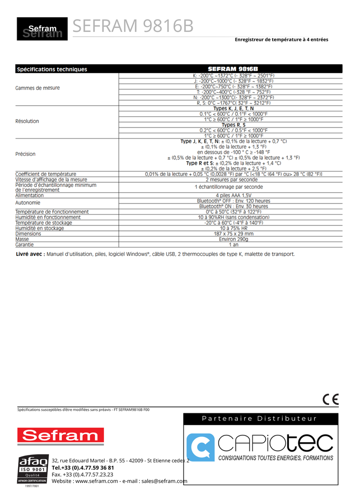 THERMOMETRE NUMERIQUE ENREGISTREUR BLUETOOTH (4VOIES)