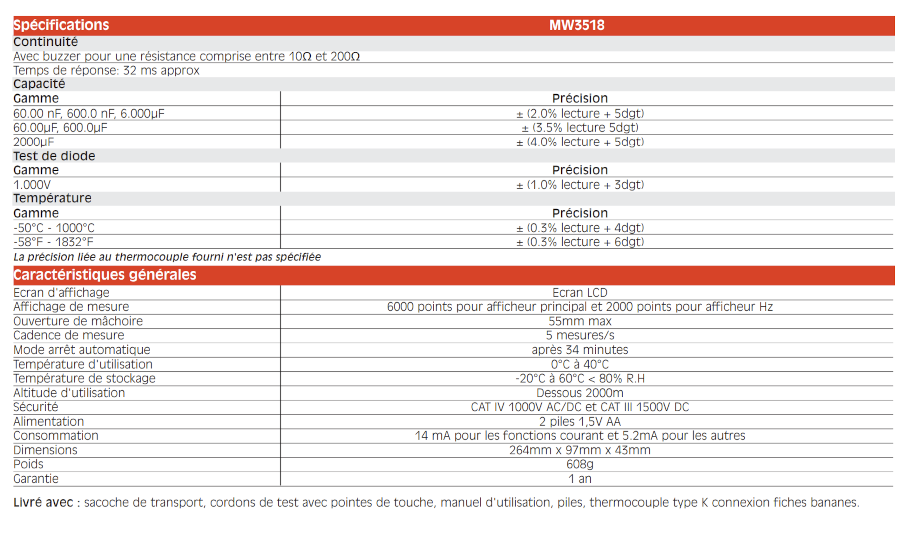 PINCE AMPEREMETRIQUE 2000A TRMS AC + DC - MW3518 - CARACTERISTIQUES