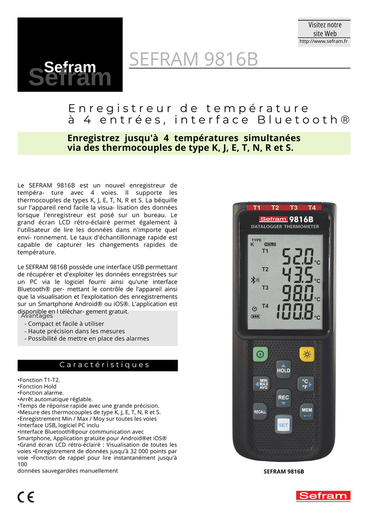 THERMOMETRE NUMERIQUE ENREGISTREUR BLUETOOTH (4VOIES)