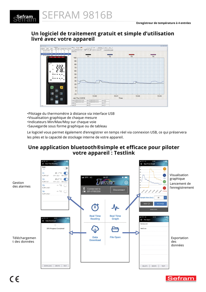 THERMOMETRE NUMERIQUE ENREGISTREUR BLUETOOTH (4VOIES)