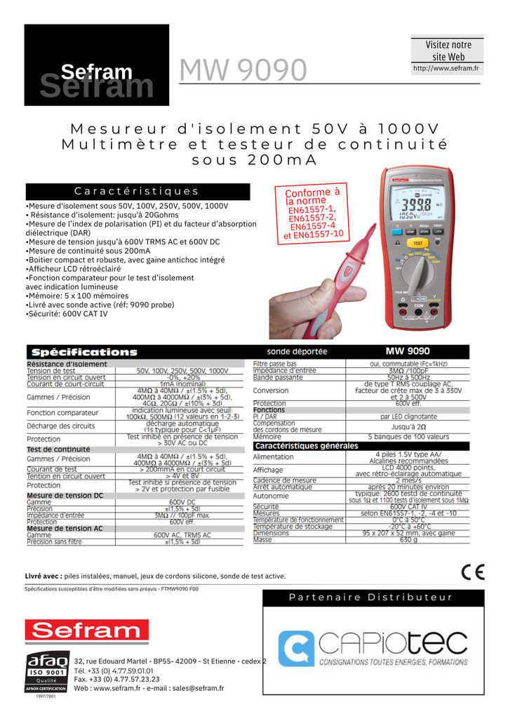 MESUREUR D'ISOLEMENT NUMERIQUE  50V A 1000V, MULTIMETRE ET TESTEUR DE CONTINUITE SOUS 200MA