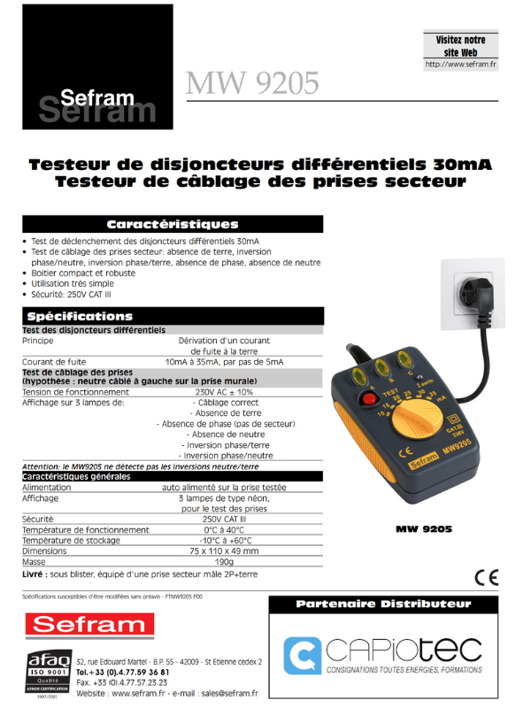 TESTEUR SIMPLE DE DISJONCTEUR 30MA ET TEST DE CÂBLAGE DES PRISES