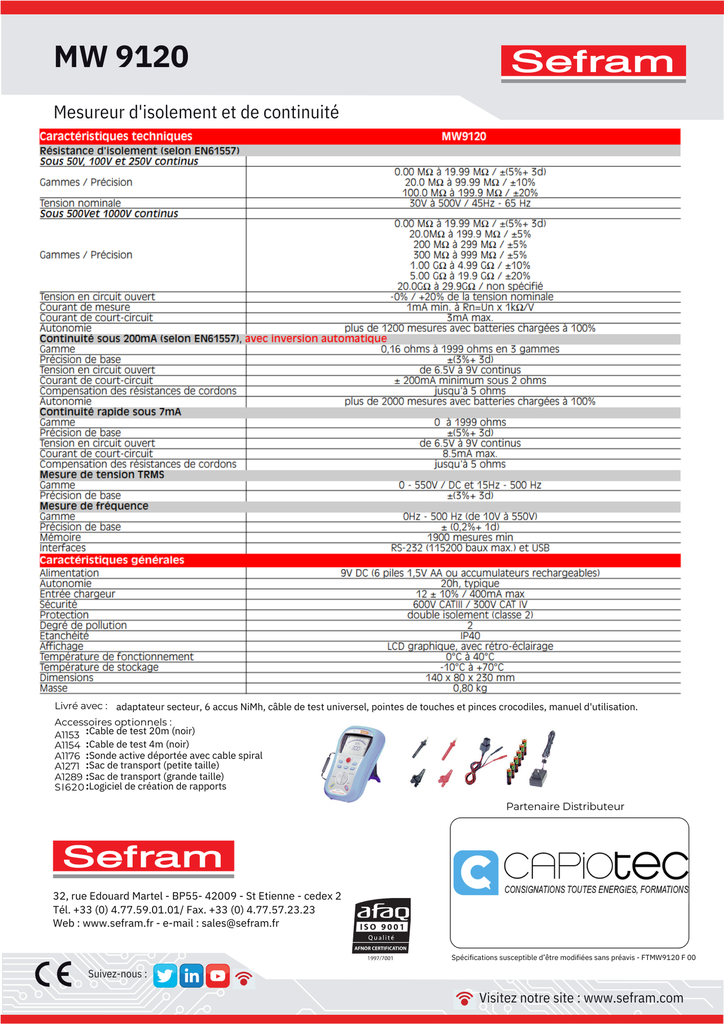 MESUREUR D'ISOLEMENT NUMERIQUE 50V A 1000V ET CONTINUITE SOUS 200mA