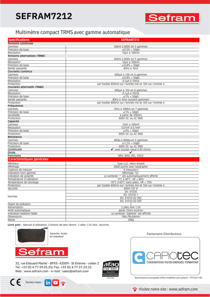 MULTIMETRE COMPACT 6000 POINTS, TRMS AC, GAMME AUTOMATIQUE