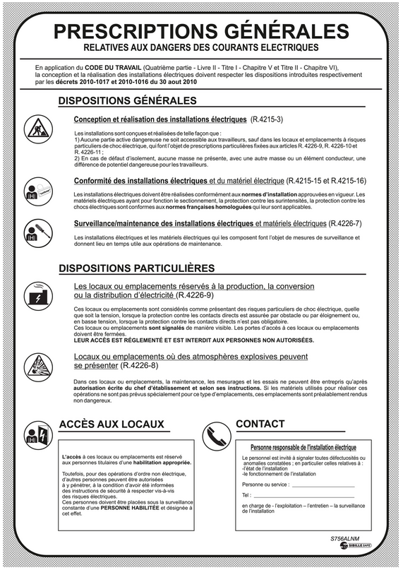 [SFES756ALNM] AFFICHE ALUMINIUM SERIGRAPHIE PRESCRIPTIONS GENERALES POSTE ELECTRIQUE